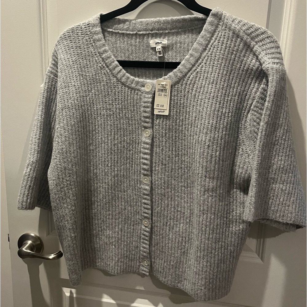 Aerie Short Sleeve Cardigan in Medium Heather Gray